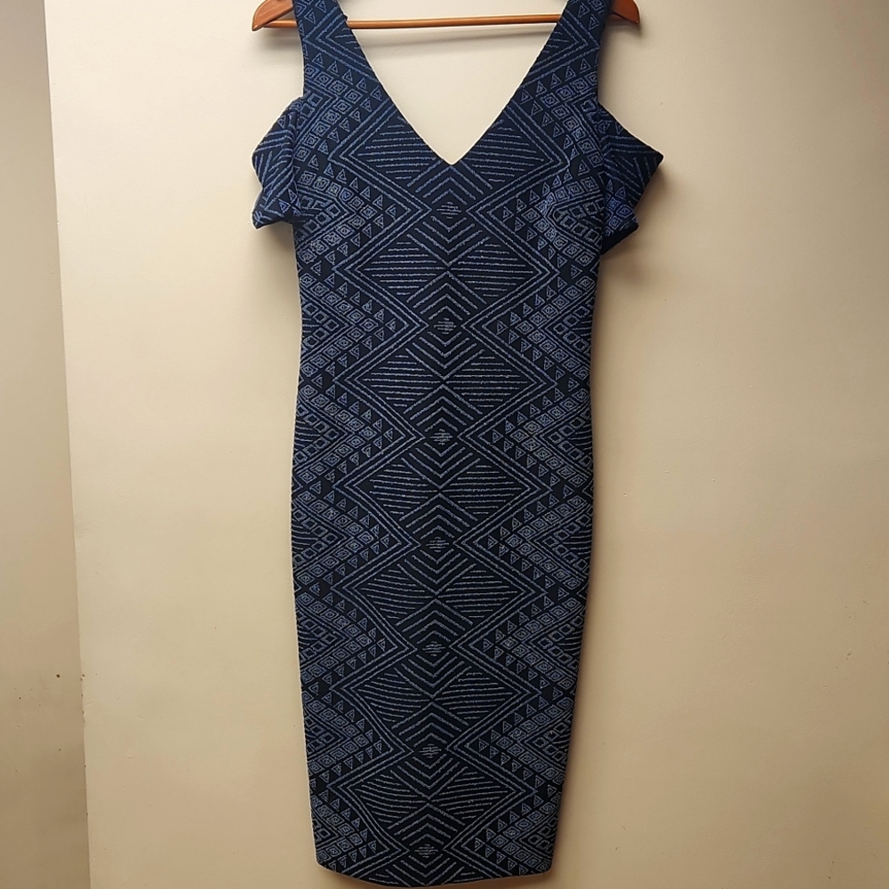 Nicole Miller Black Blue Beaded Cold Shoulder Dress 10 NWOT